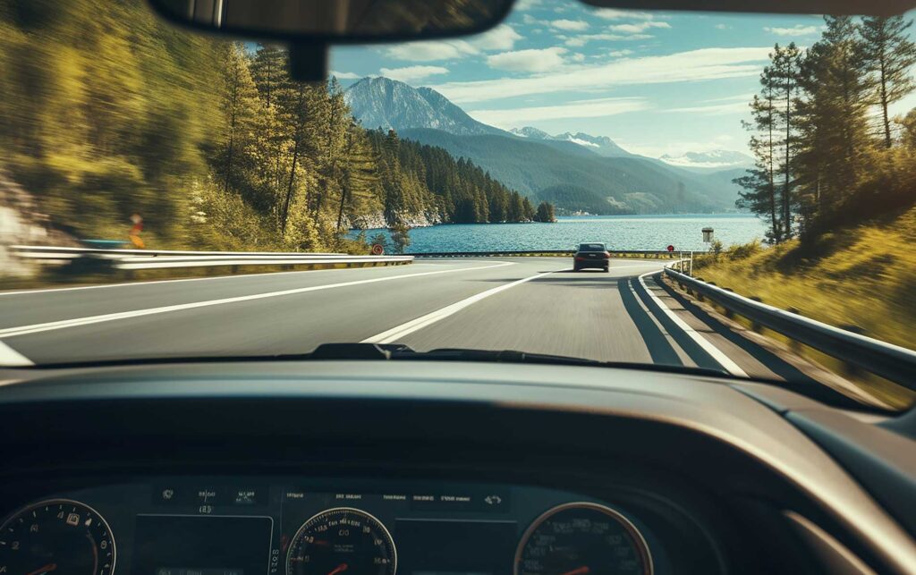 car driving on a highway with mountains in the background